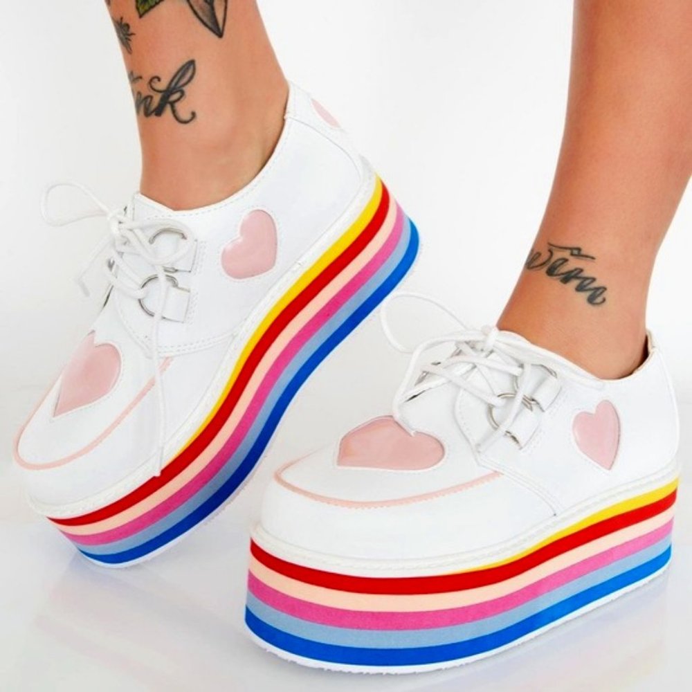 TUK white creepers with rainbow platform & vinyl pink hearts — extremely rare